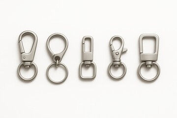 Metal Keyring Collection: A captivating top-down view showcases a diverse array of metal keyrings, each a unique testament to design and function, neatly arranged in a row.