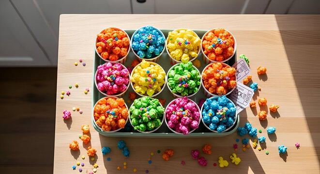 Assortment Of Colorful Popcorn Delights Presenting A Vibrant And Eye-Catching Visual
