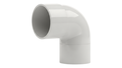 white plastic elbow pipe fitting with smooth interior and exterior surface on transparent background