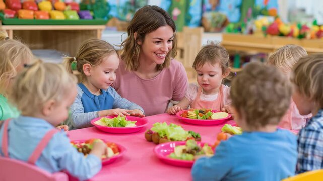 Preschool teacher and children having a healthy lunch together in a colorful classroom