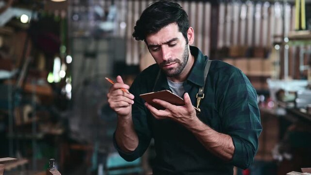 Luthier making a guitar and using traditional tools in workroom with manual tools.