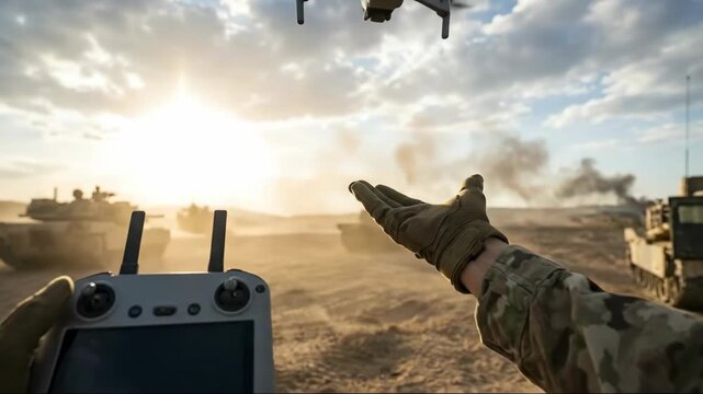 Soldier pov controlling drone for war military intelligence in desert with tanks at sunset or sunrise