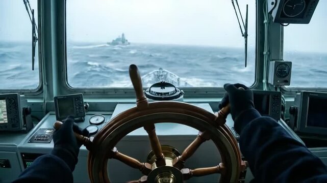 Man at the helm steering a naval ship in a convoy on a rough sea with a battleship in the distance. Military marine operation.