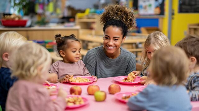 Smiling teacher having a meal with a diverse group of young children at preschool