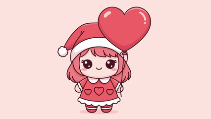 Cute Cartoon Girl with Heart Balloon.