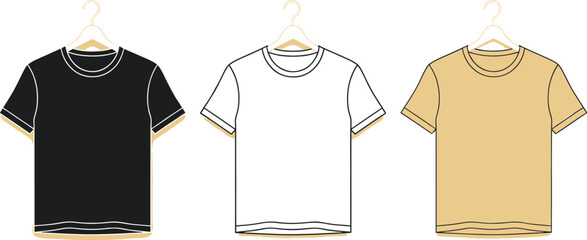 Various t-shirts on hangers showcasing different colors and styles