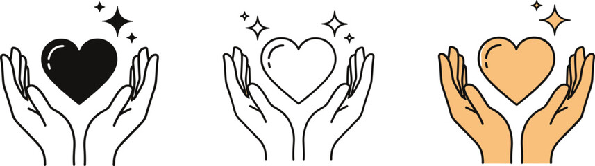 Obraz premium Human hands holding heart symbol in three different graphical styles