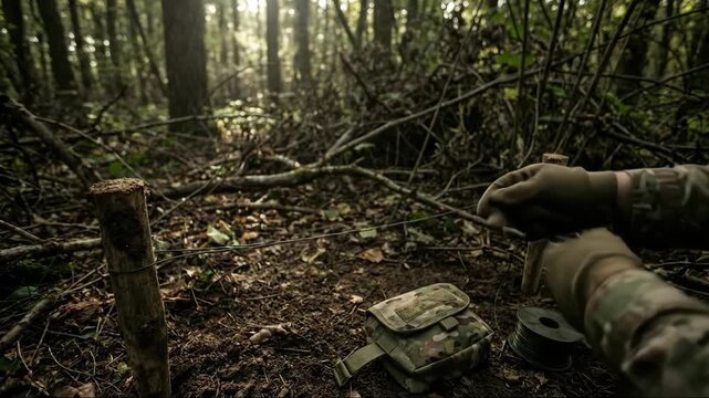 Soldier setting up tripwire in forest. POV military operation with booby trap in woodland surveillance environment.