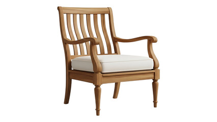 Elegant wooden armchair with white upholstered seat and curved backrest design for comfortable seating experience on transparent background. on transparent background
