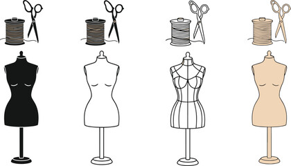 Sewing and tailoring with mannequin spools of thread and scissors set