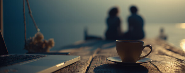 Obraz premium A group of nomads gathers on a scenic dock that overlooks the shimmering water, engaged in an animated discussion about a proposal. Their setup includes a laptop and a steaming coffee cup, all bathed 