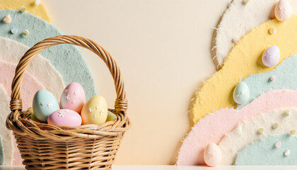 Easter basket with colorful eggs on pastel background for decoration  