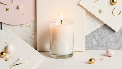 Elegant candle glowing softly surrounded by pastel Easter decorations  