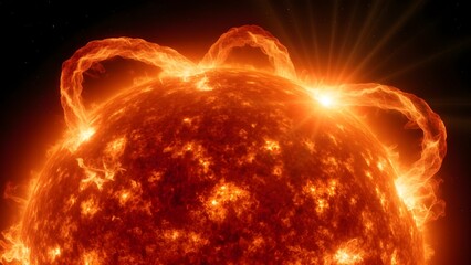 Obraz premium Massive Solar Flare Explosion & Plasma Loops: Active Sun Surface Space Weather Concept