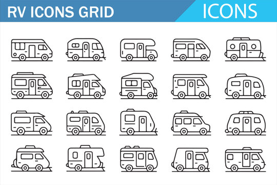 Motorhome and caravan line icons grid for tourism and road trip projects