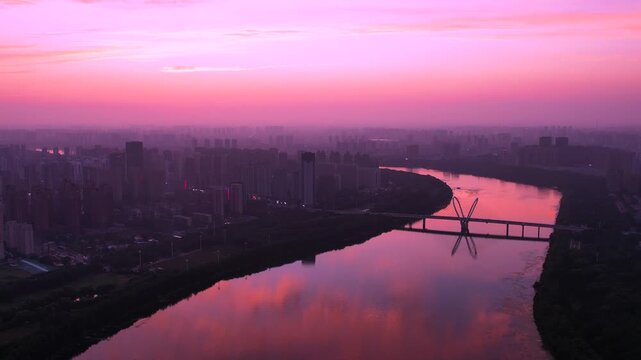 Sanhao Bridge Over Hun River Sunset, Shenyang China
