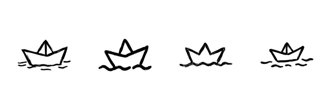 Paper Boat On Water Line Icon Set In Doodle Style. Childhood Creativity, Imagination, And Playful Exploration Outline Sketch Collection. Hand Drawn Isolated Vector Illustration
