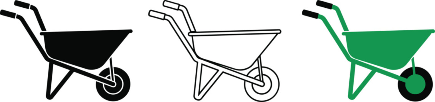 Wheelbarrow vector icons in solid line and green color garden styles