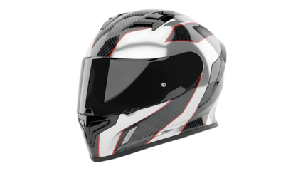 High quality white and black motorcycle helmet with red accents and carbon fiber design for safety and style on transparent background
