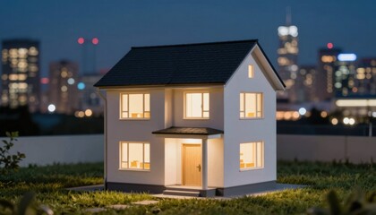 Illuminated architectural model of a house in an urban landscape at night showcasing modern design and tranquil environment