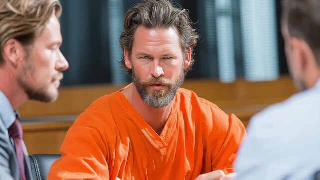Defendant in an orange jumpsuit actively explaining his side of the story to his legal team