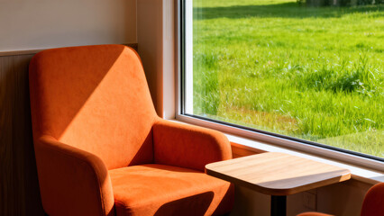 Fototapeta premium Retro and Healing Orange Seat in Train Carriage