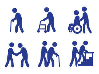 Caregiving Support Icon Set: Illustrative icons depicting compassionate individuals providing aid and assistance to elderly persons, highlighting care and support. 
