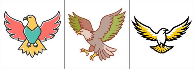 Obraz premium A colorful illustration depicting three different birds in flight poses