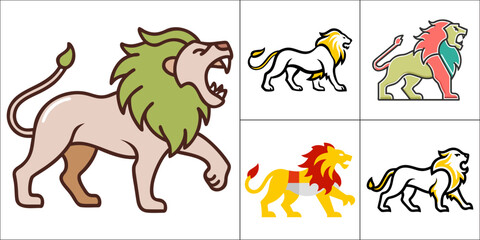 Fototapeta premium Four colorful cartoon lions in various poses and stylistic designs