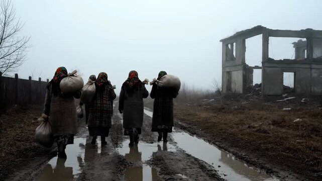 Women refugees carry bags past destroyed building in foggy war zone. Female evacuees walk through mud with belongings. Refugees flee past ruins carrying bags. Women escape war with belongings.