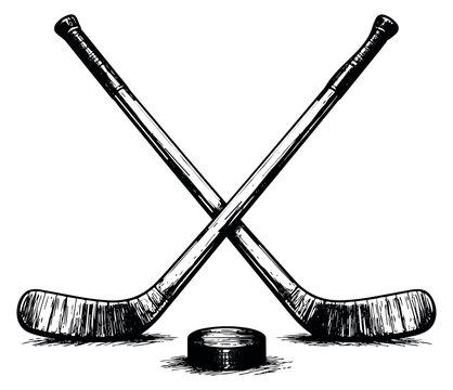 Sketch illustration of crossed hockey sticks and a puck depicting a classic ice hockey scene for sports design