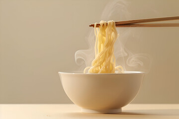 Steaming noodles lifted by chopsticks in minimalist dining setting