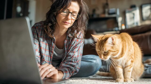 Woman working from home on her laptop with a curious ginger cat companion