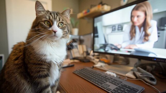 Tabby cat having an online video consultation with a female veterinarian from home