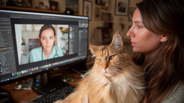 Loving owner kissing her Maine Coon cat during a video call with an online vet