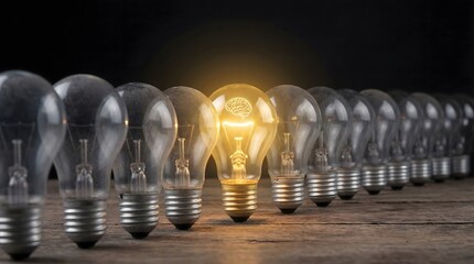 Glowing light bulb with brain filament representing creative idea and intelligence