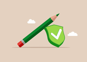 Pencil with green shield check mark. Flat vector illustration