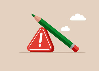 Pencil with exclamation attention sign. Flat vector illustration