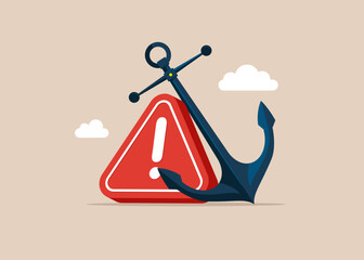 Anchor with exclamation attention sign. Sunk cost investment problem. Hard work and struggle in business. Flat vector illustration