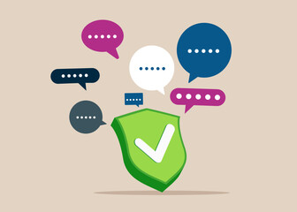 Green shield check mark with speech bubbles. Discussion, conversation, meeting, team communication, colleague chatting, opinion. Flat vector illustration.