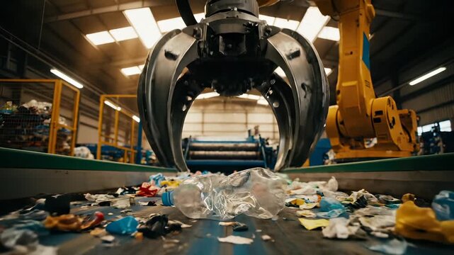 Robot arm sorts plastic waste on conveyor belt in recycling factory. Industrial claw picks plastic from sorting line. Robot processes waste in factory. Recycling robot sorts plastic garbage.