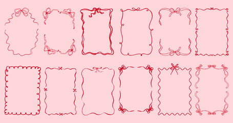 Trendy hand drawn doodle frame collection with wavy lines, ribbon and bow accents, minimalist modern line art borders for invitations and cards - Vector set