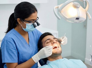 Skilled dentist performs dental care on a patient in a clinic in India during a routine check up