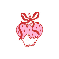 Strawberry dipped in chocolate with pink frosting and red ribbon bow. Hand drawn vector illustration of delicious fruit. Love, sweetness, and Valentine's Day design. Greeting card, invitation, poster.