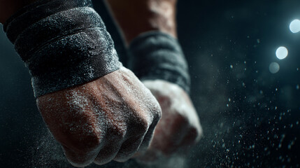 Athletic hands preparing for workout with chalk dust in gym  