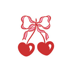 Charming vector illustration of two cherries tied together with a decorative ribbon bow. Hand drawn fruit. Coquette aesthetic. Perfect for romantic, sweet, and playful design themes.