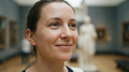 Visitor explores an art gallery while admiring sculptures and paintings during a cultural trip in the afternoon