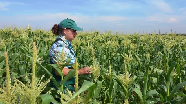 Female farmer is walking on the corn field and examining corn stems 