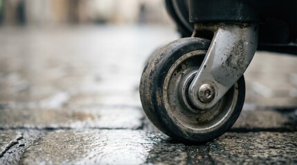 Focus on a trolley wheel on wet cobblestone pavement in an Asian urban area during a foggy day