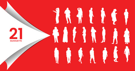 Collection of 21 White Standing Human Silhouettes on Red Background